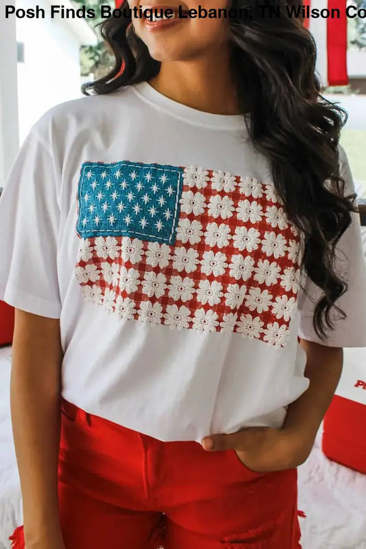 July 4th Fancy Embroidered Patch Flag T Shirt: White / S