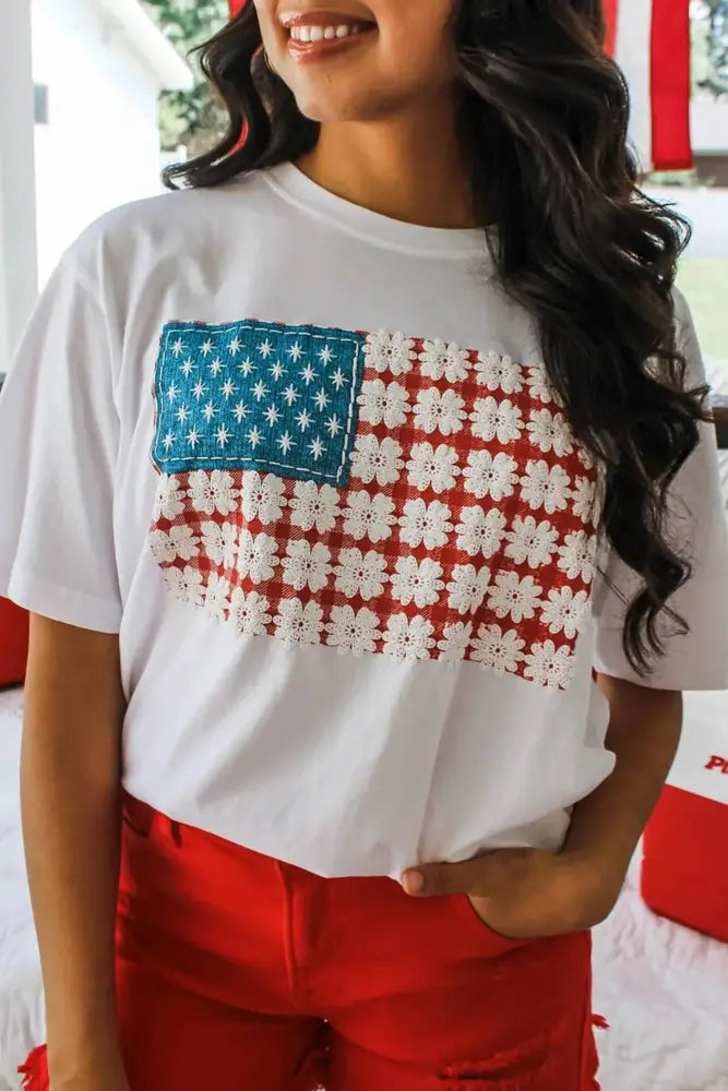 July 4th Fancy Embroidered Patch Flag T Shirt: White / S
