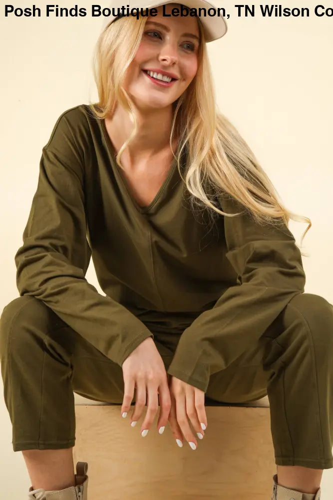 Knit Baggy Comfy Jumpsuit: OLIVE - Posh Finds