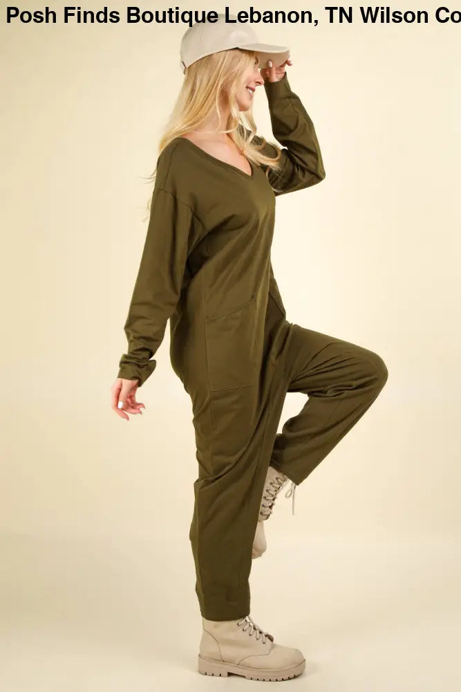 Knit Baggy Comfy Jumpsuit: OLIVE - Posh Finds