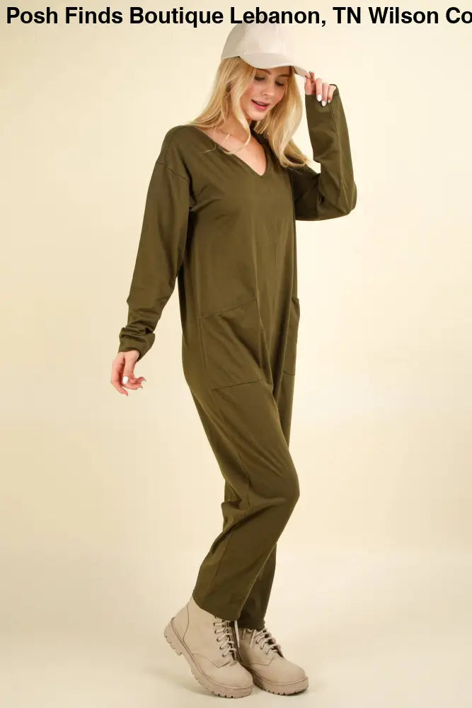 Knit Baggy Comfy Jumpsuit: OLIVE - Posh Finds