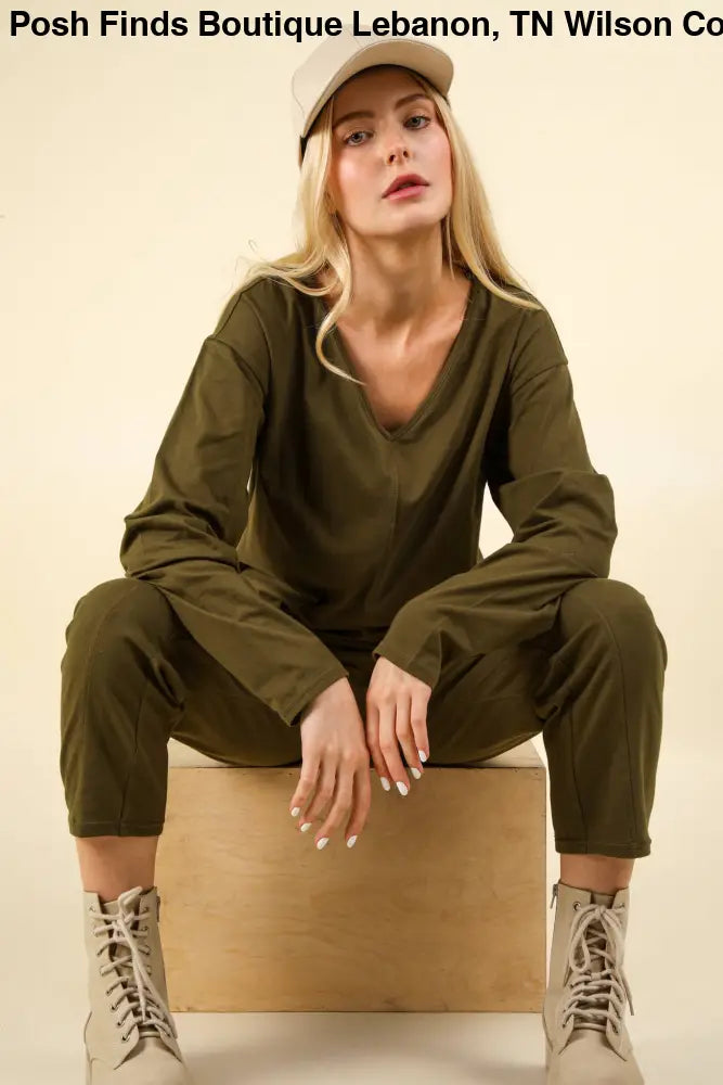 Knit Baggy Comfy Jumpsuit: OLIVE - Posh Finds