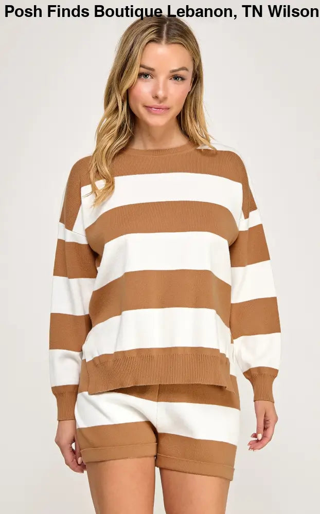 Knit Striped Relaxed Top and Short Set Cinnamon - set