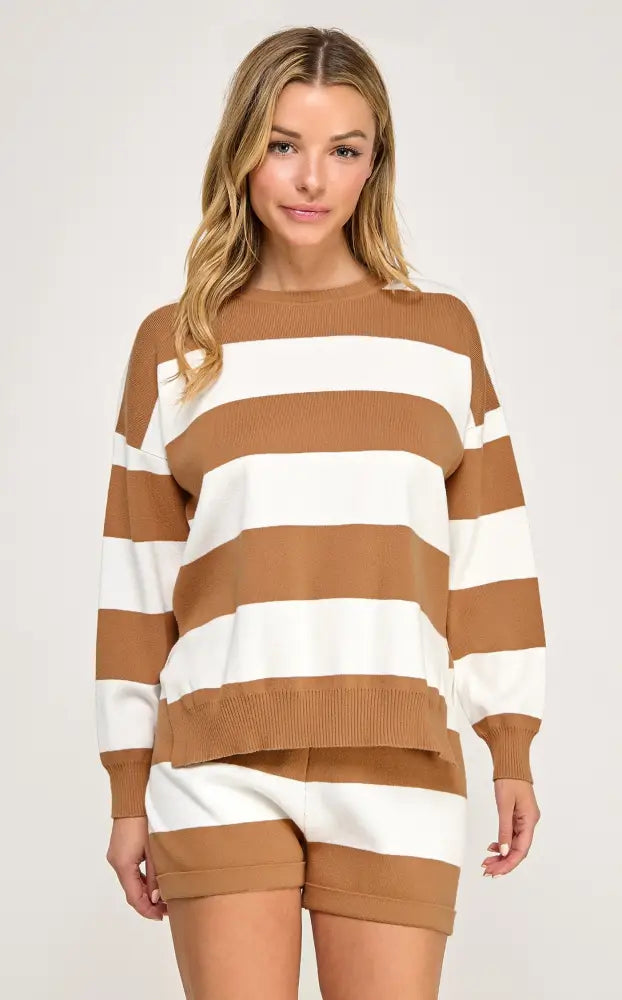 Knit Striped Relaxed Top and Short Set Cinnamon - set