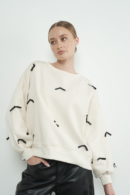 SATIN TAPE RIBBON CREWNECK SWEATSHIRT in CREAM