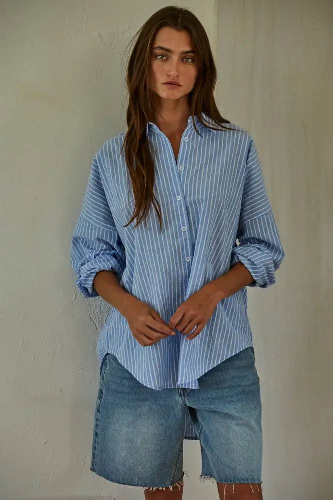 L8287 | Woven Cotton Polyester Striped Buttondown Shirt: Denim Blue / M