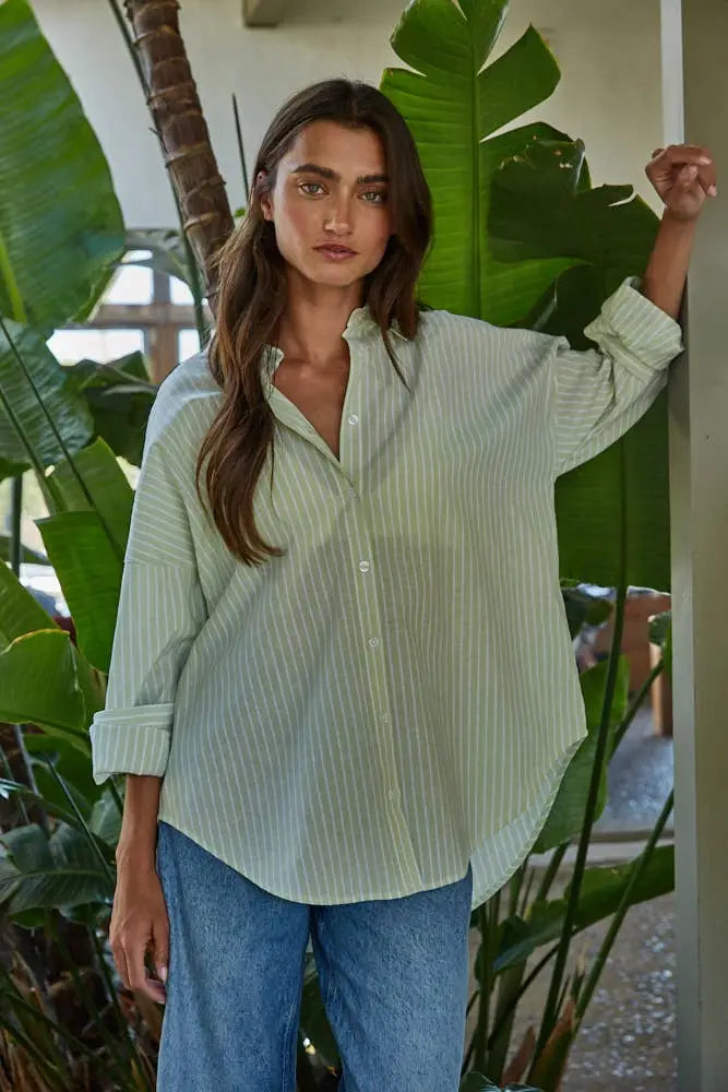 L8287 | Woven Cotton Polyester Striped Buttondown Shirt: Denim Blue / M