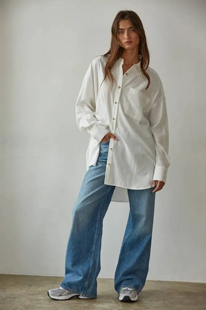 L8605T | Woven Cotton Button Down Collar Neck Long Sleeve Ov: Off White / M