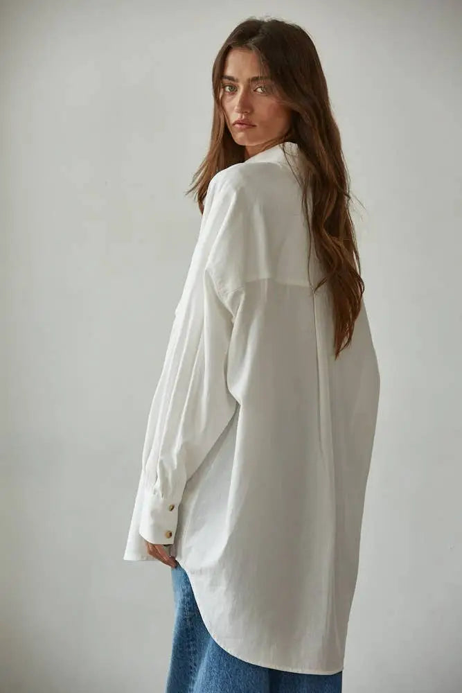 L8605T | Woven Cotton Button Down Collar Neck Long Sleeve Ov: Off White / M