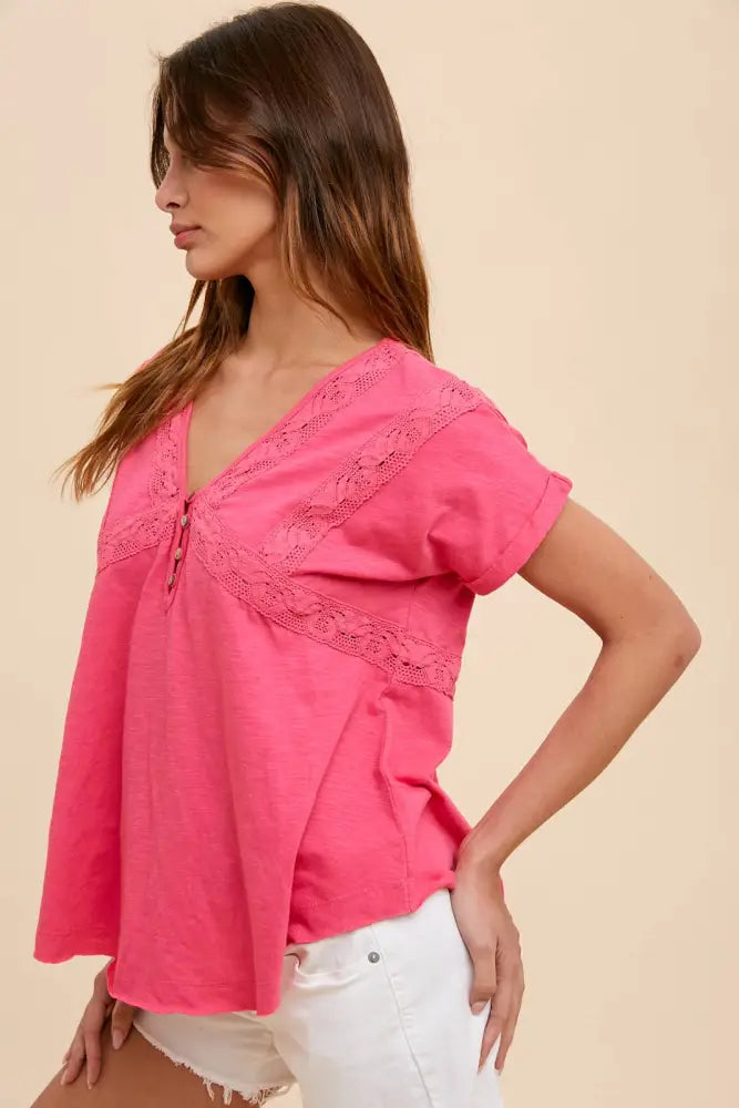 LACE ACCENT HENLEY TEE: HOT PINK - Posh Finds