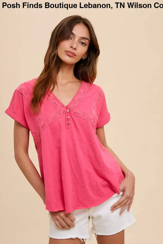 LACE ACCENT HENLEY TEE: HOT PINK - Posh Finds