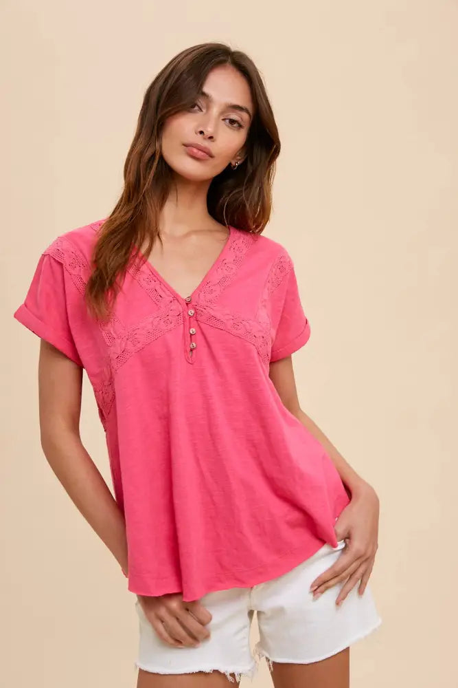 LACE ACCENT HENLEY TEE: HOT PINK - Posh Finds