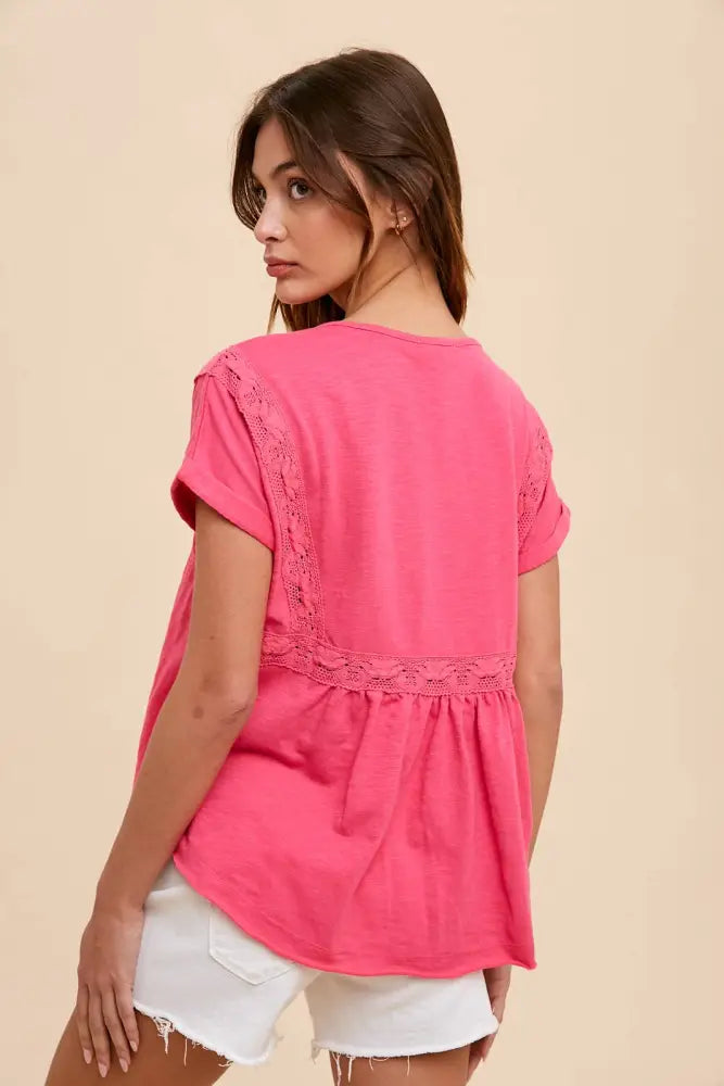 LACE ACCENT HENLEY TEE: HOT PINK - Posh Finds