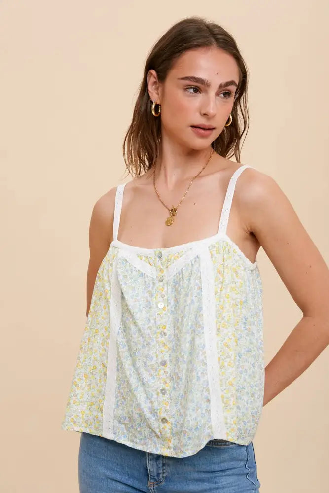LACE ACCENTED FLORAL CONTRAST PANEL BUTTON TOP: ROSE/BLUE MULTI - Posh Finds
