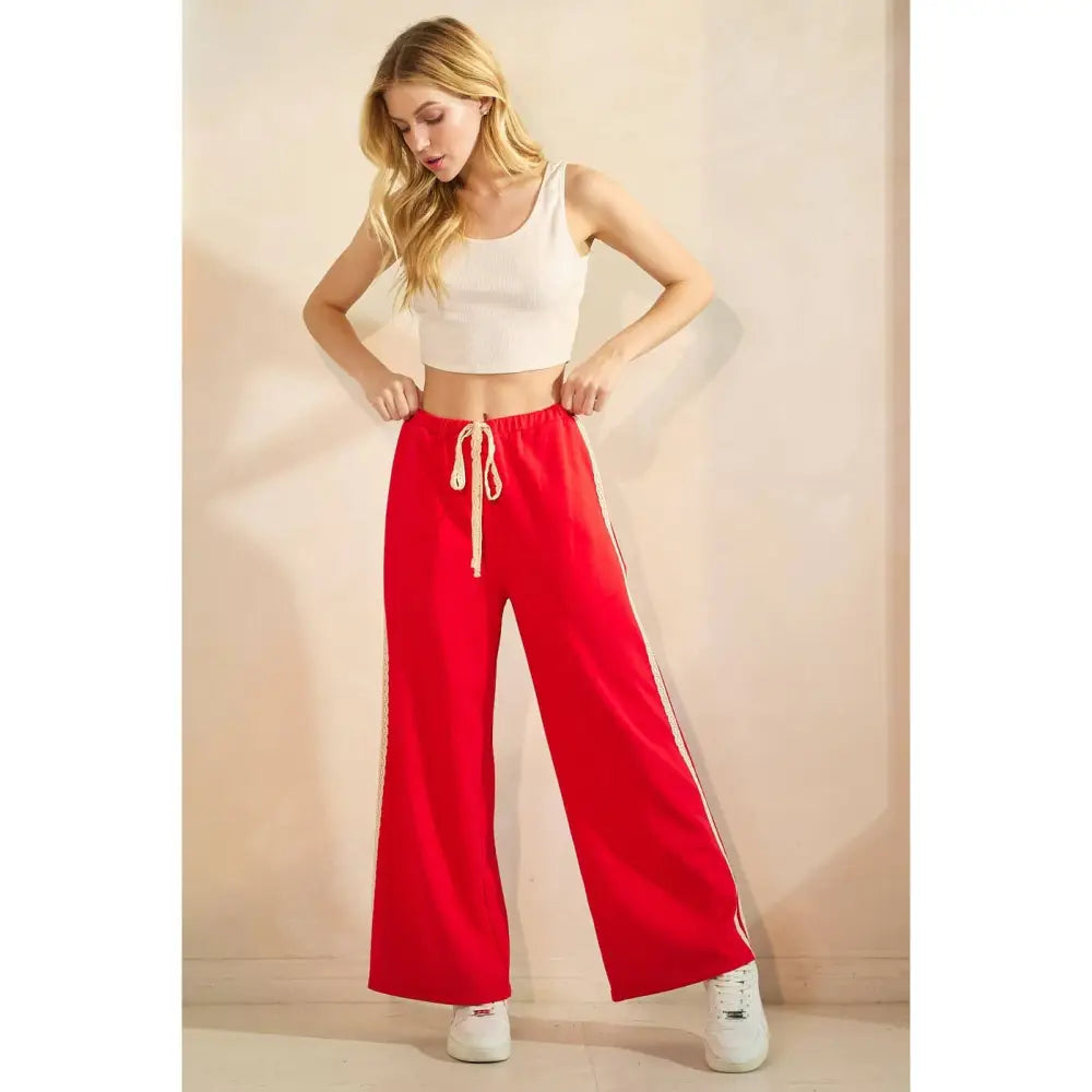 LACE STRIPED ELASTIC WAIST TERRY SWEATPANTS: RED - Posh Finds