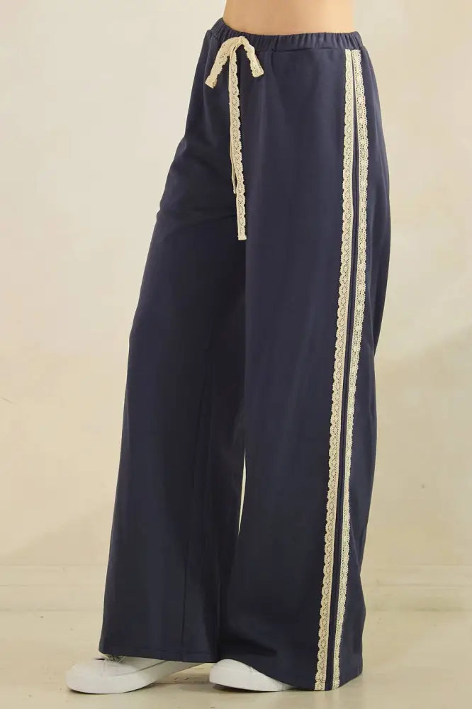 LACE STRIPED ELASTIC WAIST TERRY SWEATPANTS: RED - Posh Finds