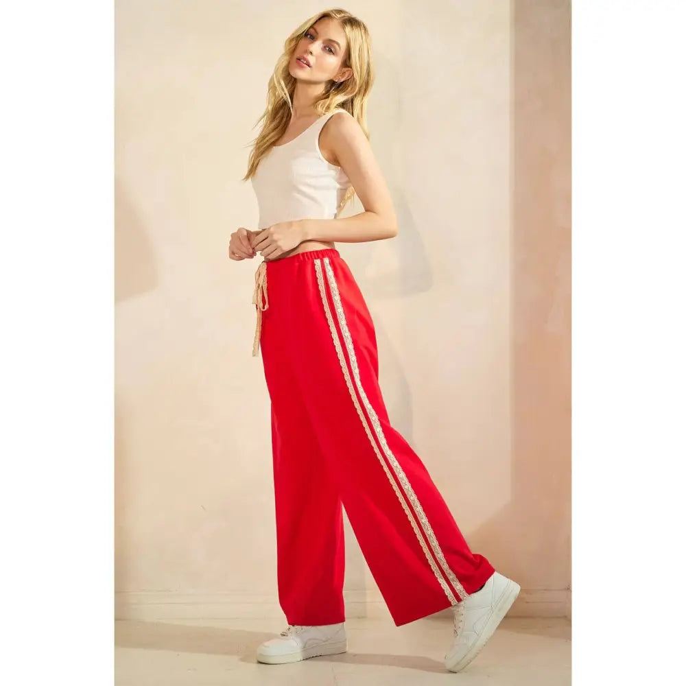 LACE STRIPED ELASTIC WAIST TERRY SWEATPANTS: RED - Posh Finds