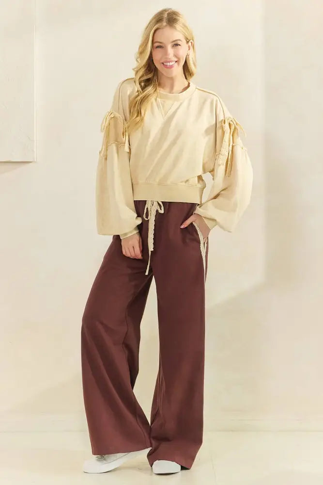 LACE STRIPED ELASTIC WAIST TERRY SWEATPANTS: RED - Posh Finds