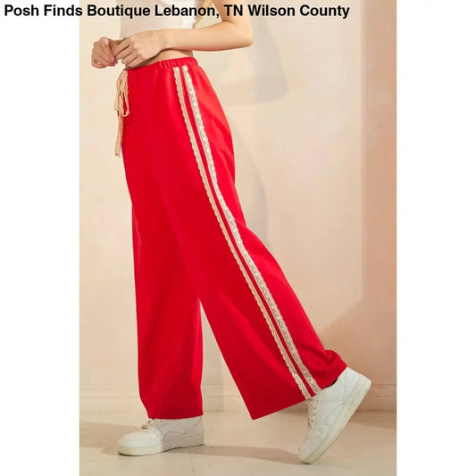 LACE STRIPED ELASTIC WAIST TERRY SWEATPANTS: RED - Posh Finds