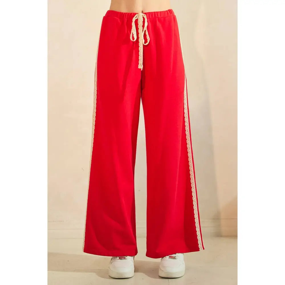 LACE STRIPED ELASTIC WAIST TERRY SWEATPANTS: RED - Posh Finds