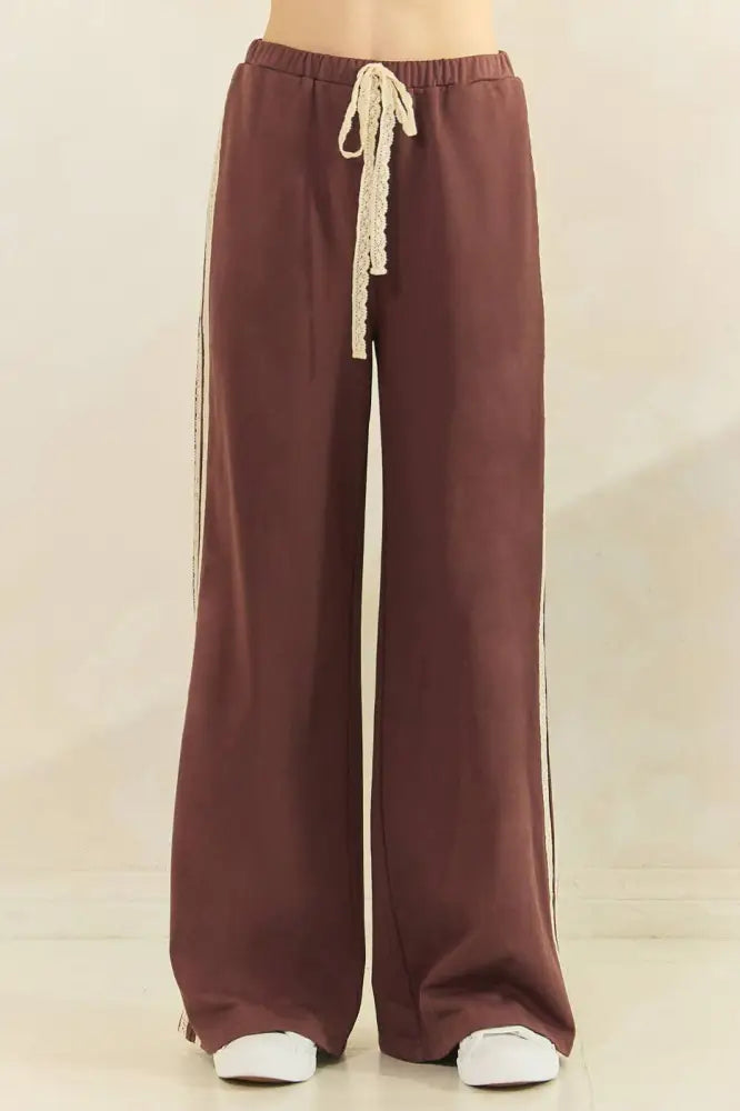 LACE STRIPED ELASTIC WAIST TERRY SWEATPANTS: RED - Posh Finds
