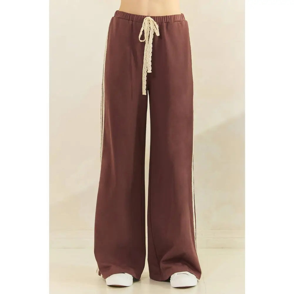 LACE STRIPED ELASTIC WAIST TERRY SWEATPANTS: RED - Posh Finds