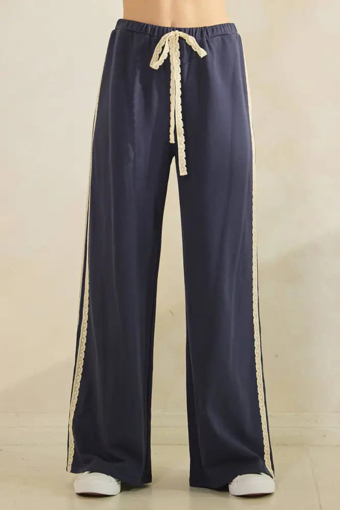 LACE STRIPED ELASTIC WAIST TERRY SWEATPANTS: RED - Posh Finds