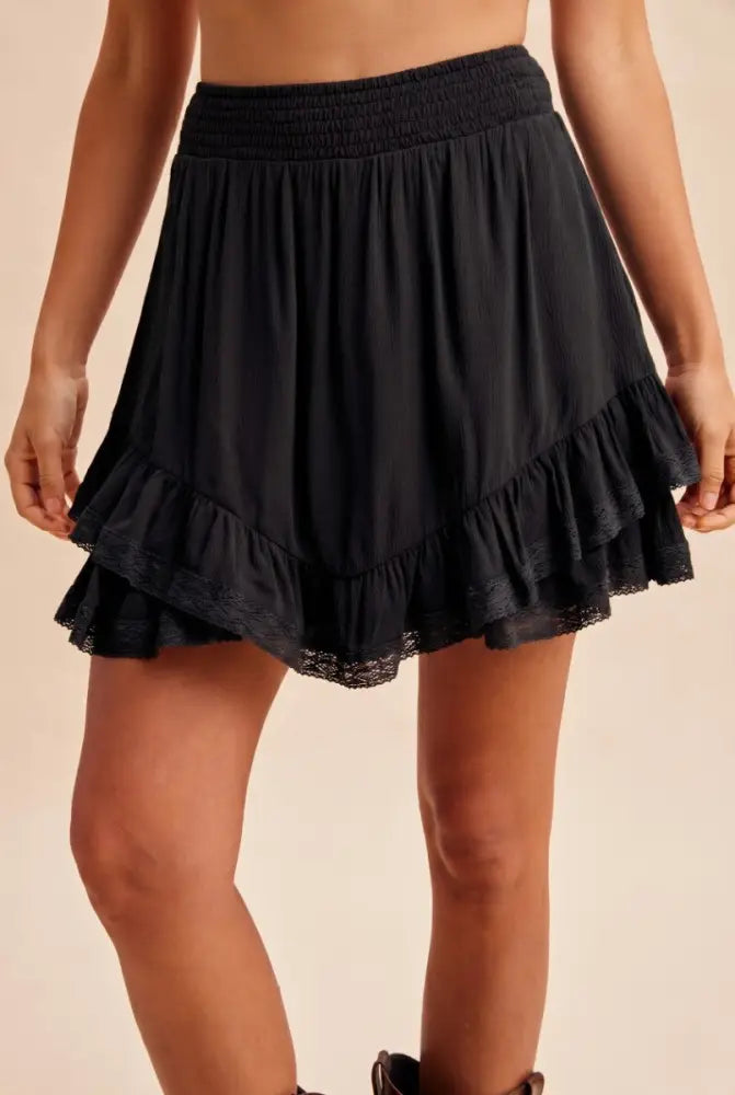 Lace Trim Detail Tiered Skort - Black - Women > Skirts