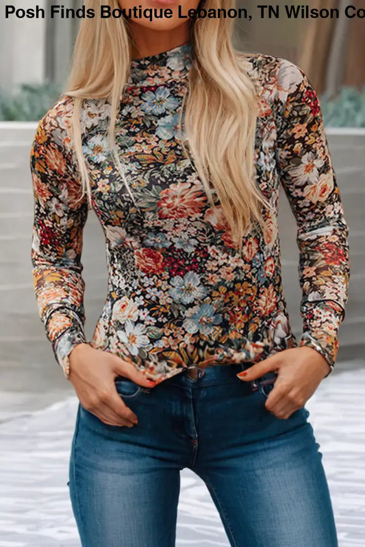 LDC  Floral Long Sleeve High Neck Sheath Mesh Blouse: Brown / M - Posh Finds
