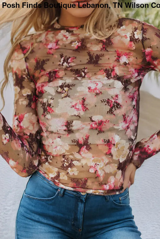 LDC Floral Print Sheer Mesh Long Sleeve Top: Red / XL - Posh Finds
