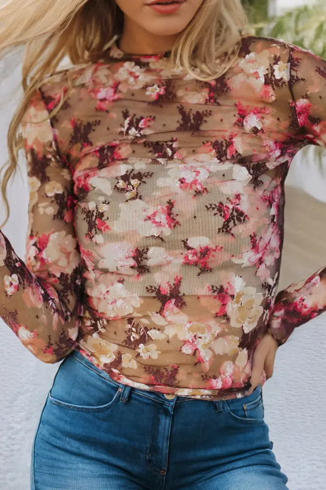LDC Floral Print Sheer Mesh Long Sleeve Top: Red / XL - Posh Finds