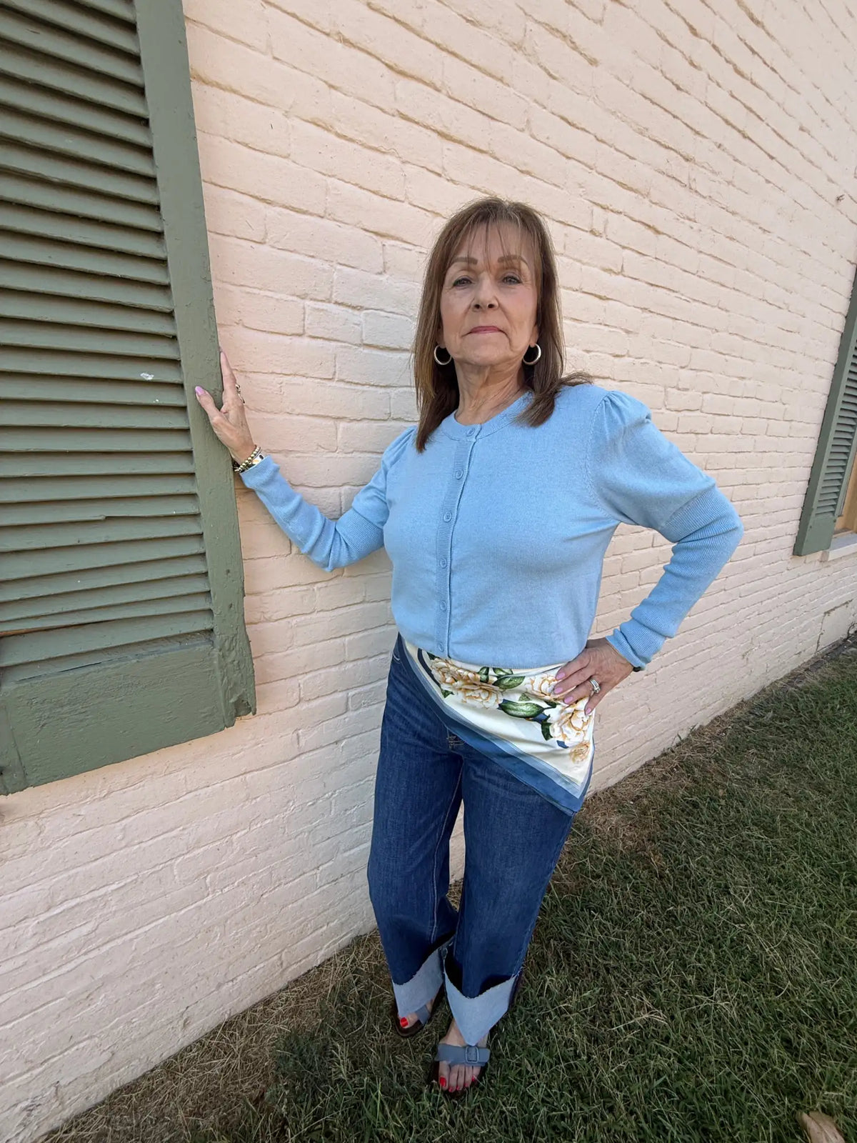 Light blue long-sleeved button-up cardigan