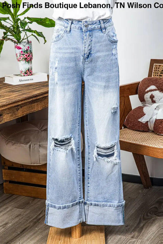 Light Wash Distressed Cuffed Flare Jeans - Posh Finds