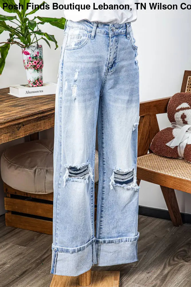 Light Wash Distressed Cuffed Flare Jeans - Posh Finds