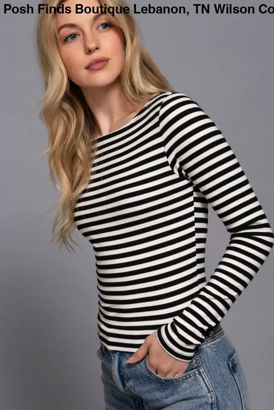 Long Sleeve Boat Neck Stripe Brushed Rib Top: BLACK/CREAM - Posh Finds
