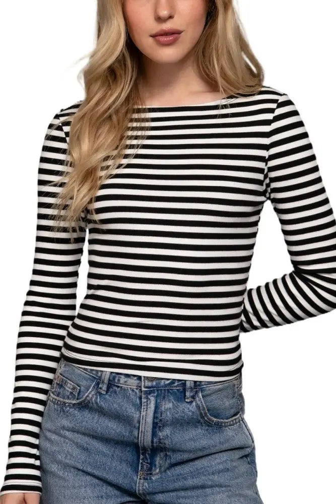 Long Sleeve Boat Neck Stripe Brushed Rib Top: BLACK/CREAM - Posh Finds