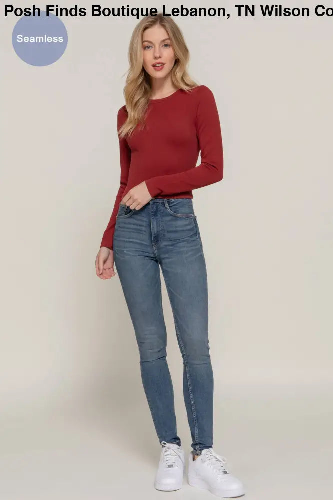 Long Sleeve Crew Neck Rib Seamless Top: BRN-brown / S/M - Posh Finds