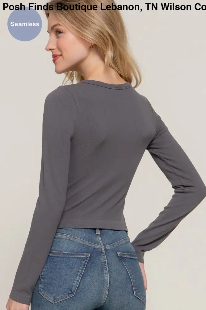 Long Sleeve Crew Neck Rib Seamless Top: Olive - Posh Finds