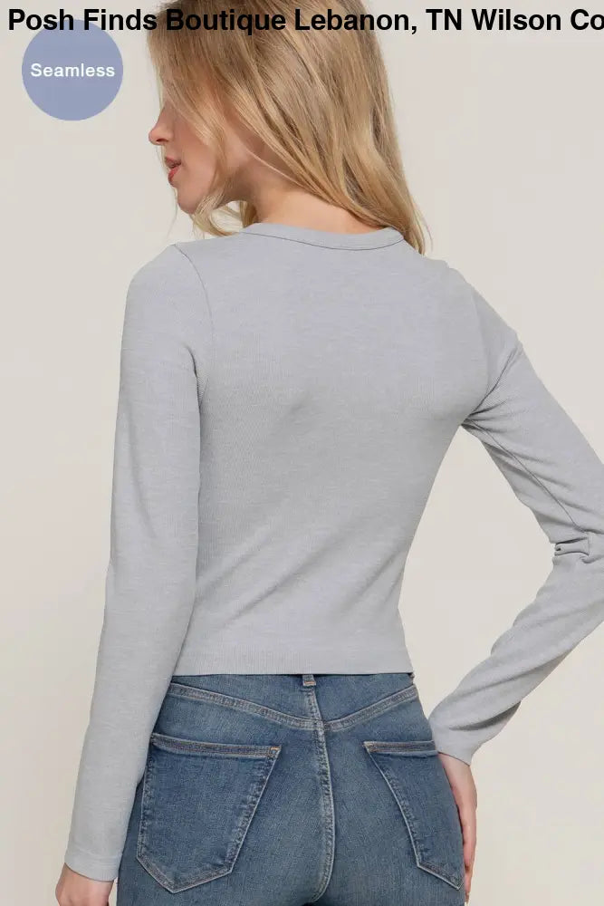Long Sleeve Crew Neck Rib Seamless Top: Olive - Posh Finds