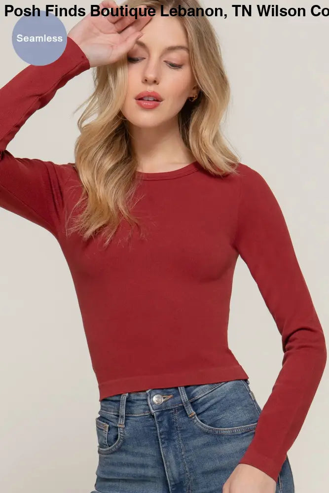 Long Sleeve Crew Neck Rib Seamless Top: Olive - Posh Finds