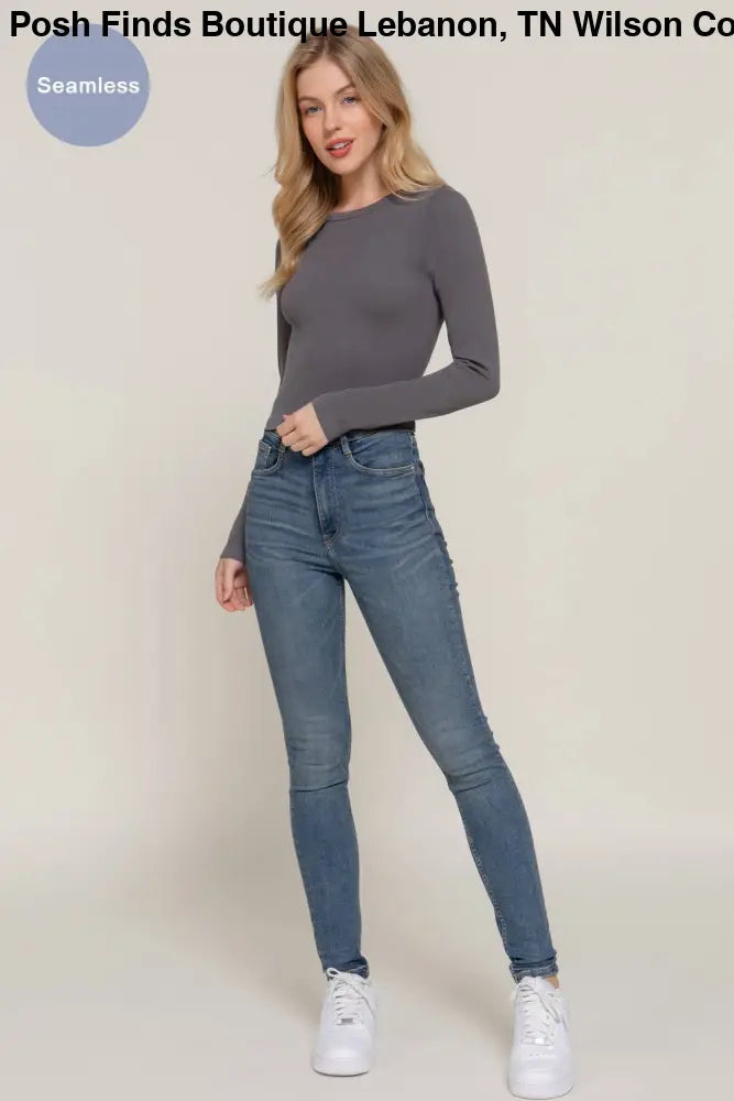 Long Sleeve Crew Neck Rib Seamless Top: Olive - Posh Finds