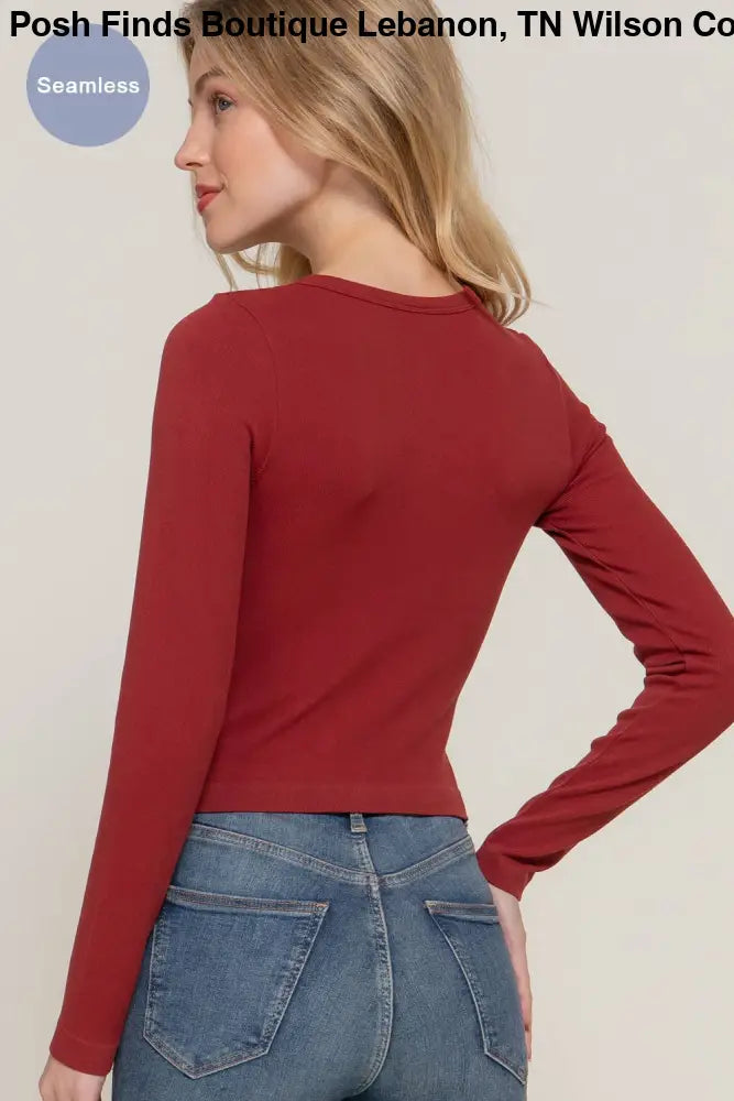 Long Sleeve Crew Neck Rib Seamless Top: Olive - Posh Finds
