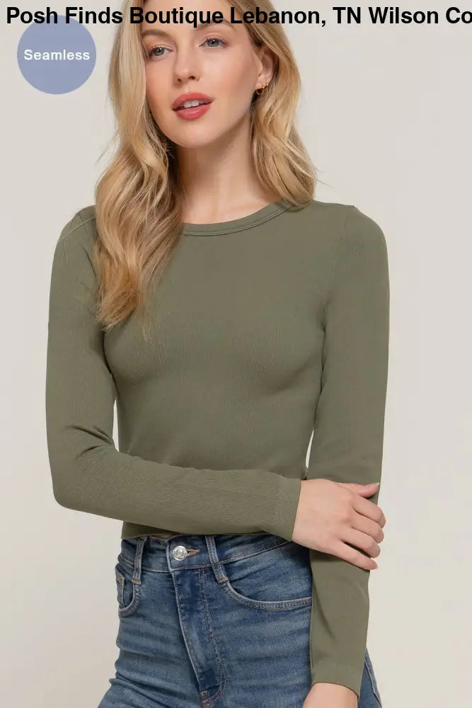 Long Sleeve Crew Neck Rib Seamless Top: Olive - Posh Finds
