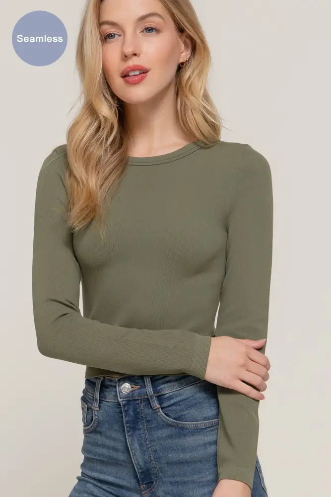 Long Sleeve Crew Neck Rib Seamless Top: Olive - Posh Finds