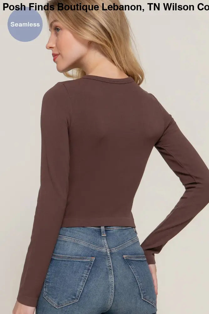 Long Sleeve Crew Neck Rib Seamless Top: Olive - Posh Finds