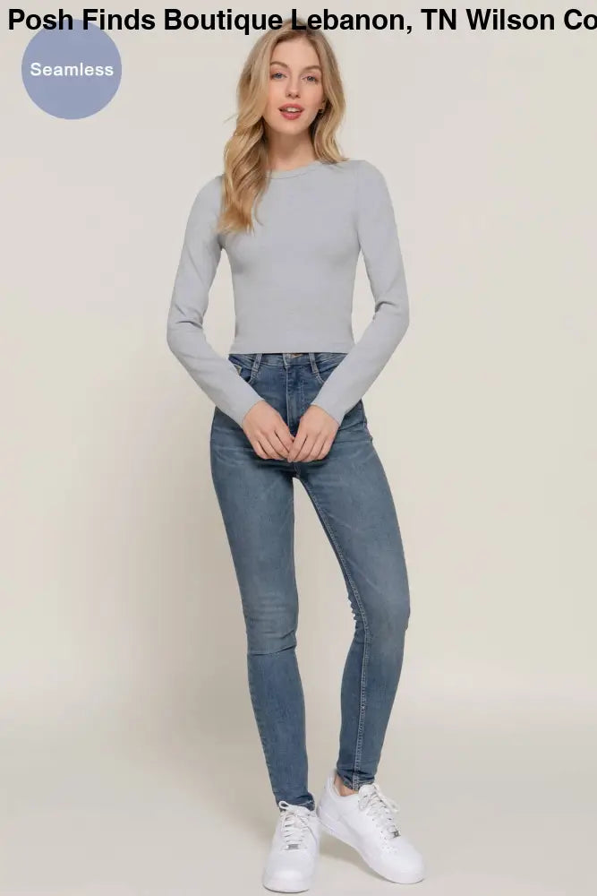 Long Sleeve Crew Neck Rib Seamless Top: Olive - Posh Finds