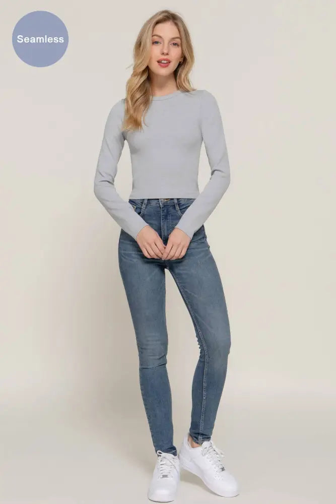 Long Sleeve Crew Neck Rib Seamless Top: Olive - Posh Finds