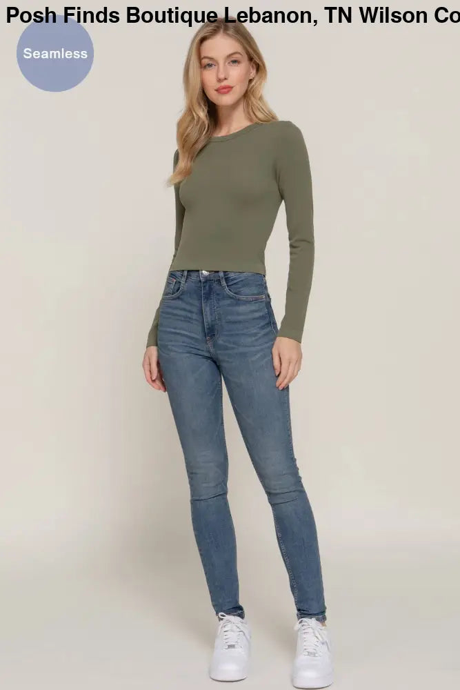Long Sleeve Crew Neck Rib Seamless Top: Olive - Posh Finds