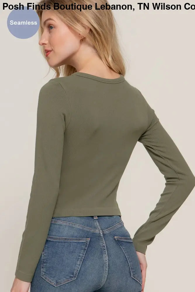 Long Sleeve Crew Neck Rib Seamless Top: Olive - Posh Finds