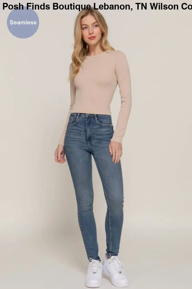 Long Sleeve Crew Neck Rib Seamless Top: Olive - Posh Finds